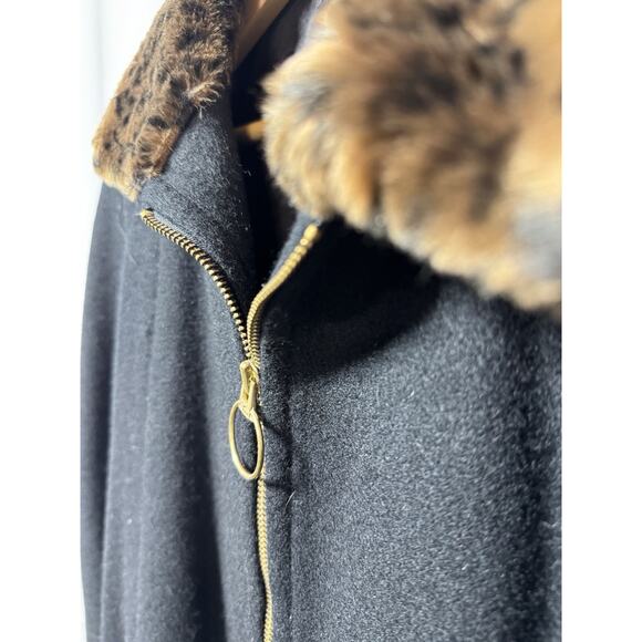 Rebecca Lyons Vintage Women’s LG Black Wool Coat Leopard Faux Fur Collar/Cuffs - Picture 3 of 8